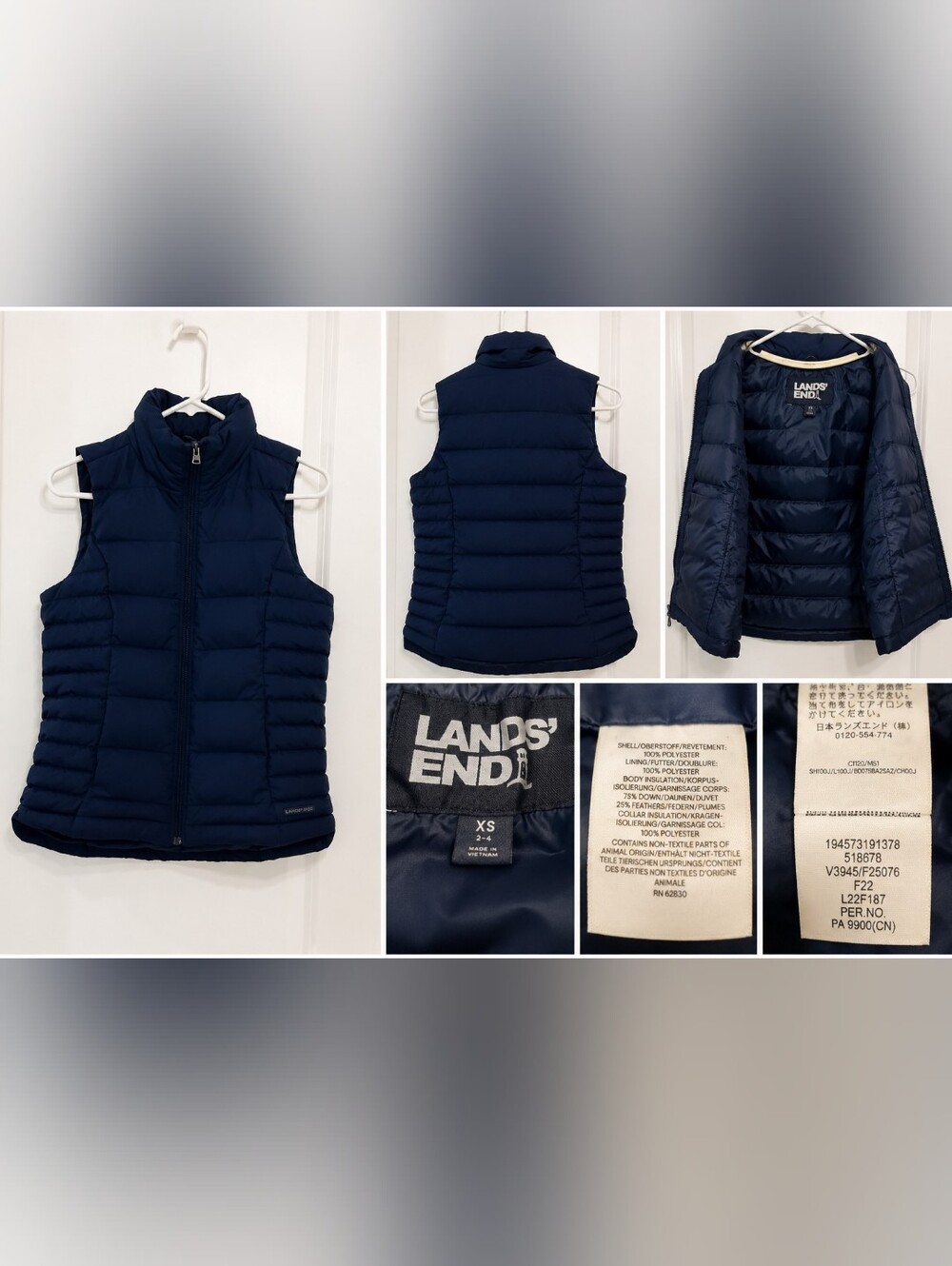 Lands' End Women's Navy Down Puffer Vest XS Lightweight Quilted Full Zip